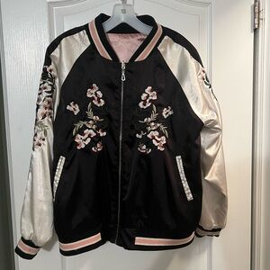 Reversible embroidered satin floral bomber jacket